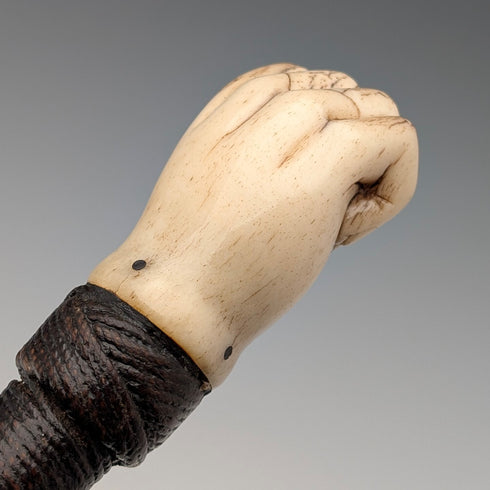 Antique British bone fist-shaped round handle walking stick, 85cm